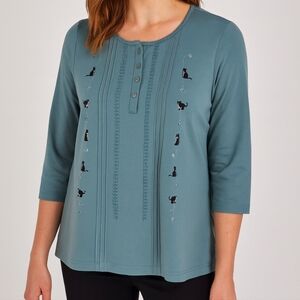 Madison Taylor Embroidered Cat With Yarn Pullover Henley Green XL